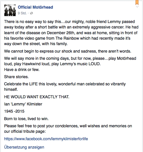 Das Statement der Bandmitglieder von Lemmy Kilmister auf Facebook