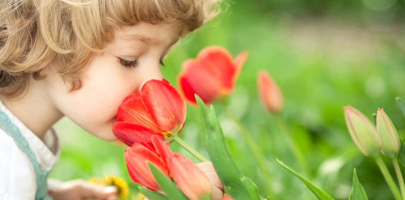 Kind riecht an Blume